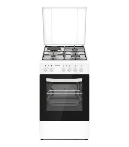 Aragaz mixt Heinner HFSC-S56E1HSWH, 3 arzatoare gaz + 1 plita electrica, aprindere electrica arzatoare, cuptor electric, grill, 50x60 cm, alb